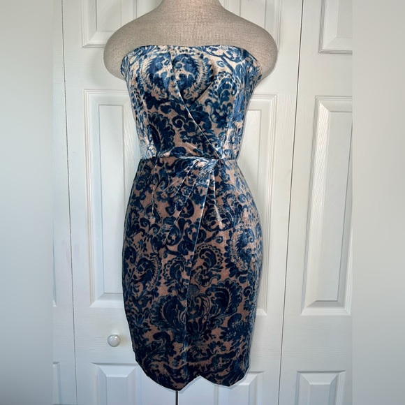 Anthro velvet strapless pleat detail dress pink/blue Sz 2P - Picture 2 of 13